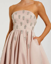 Pink Crystal Embellished Strapless Satin A-Line Dress